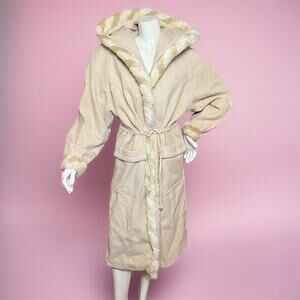 VINTAGE 80s Hooded Wool Coat Size 9/10 Trench Penny Lane Faux Fur Cream Beige